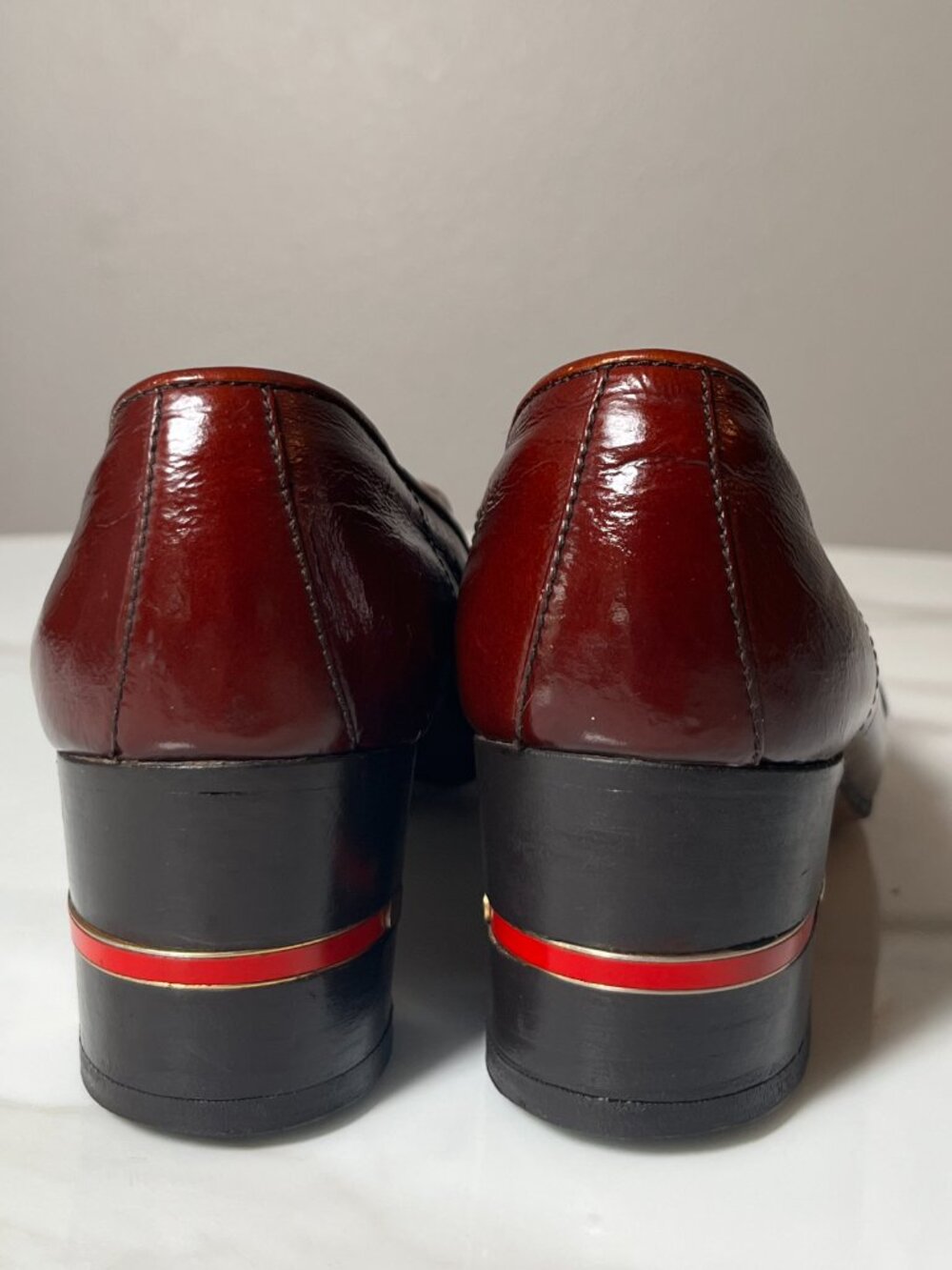Gucci Oxblood Patent Leather Web Stripe Vintage Block Heel Loafers 39 AA - Picture 7 of 10